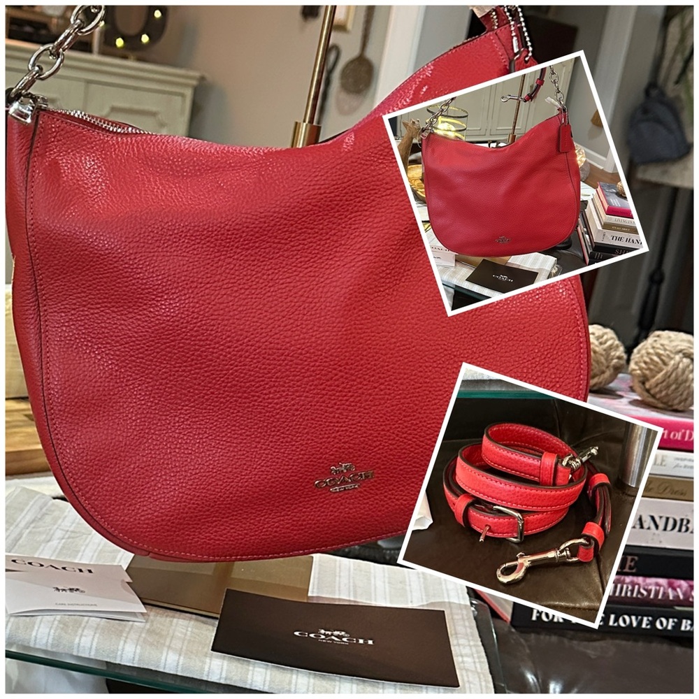 COACH Pebble Leather Elle Hobo in Bright Red w/Silver-Tone Hardware, NWT